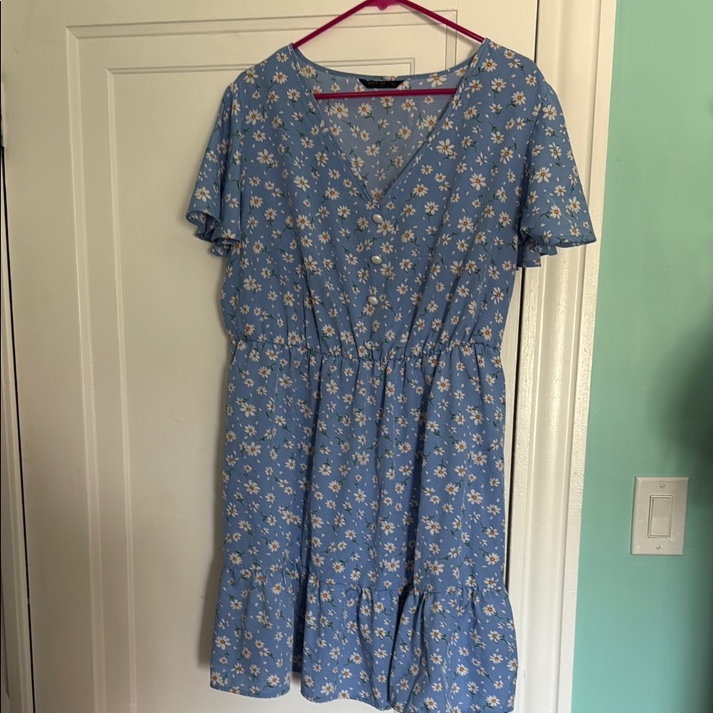 SHEIN Blue and White V-Neck Flutter Sleeve Mini Dress